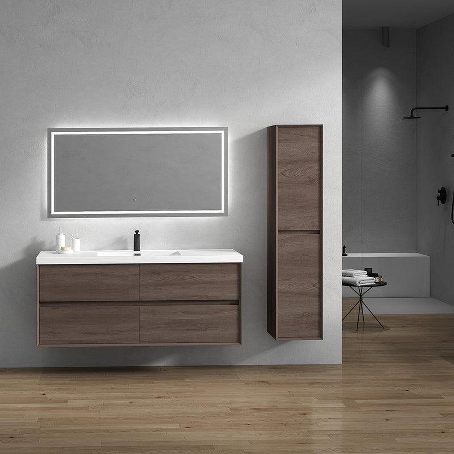 Noble 60&quot; Red Oak Wall-Mounted Modern Vanity With Single Reinforced White Acrylic Sink