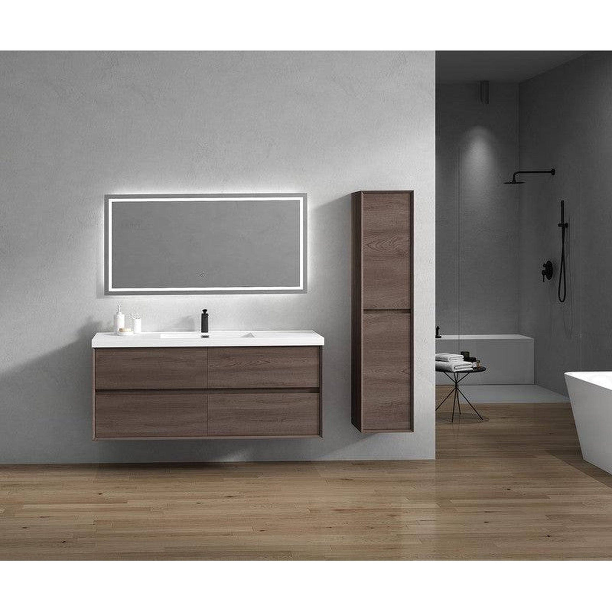 Noble 60&quot; Red Oak Wall-Mounted Modern Vanity With Single Reinforced White Acrylic Sink