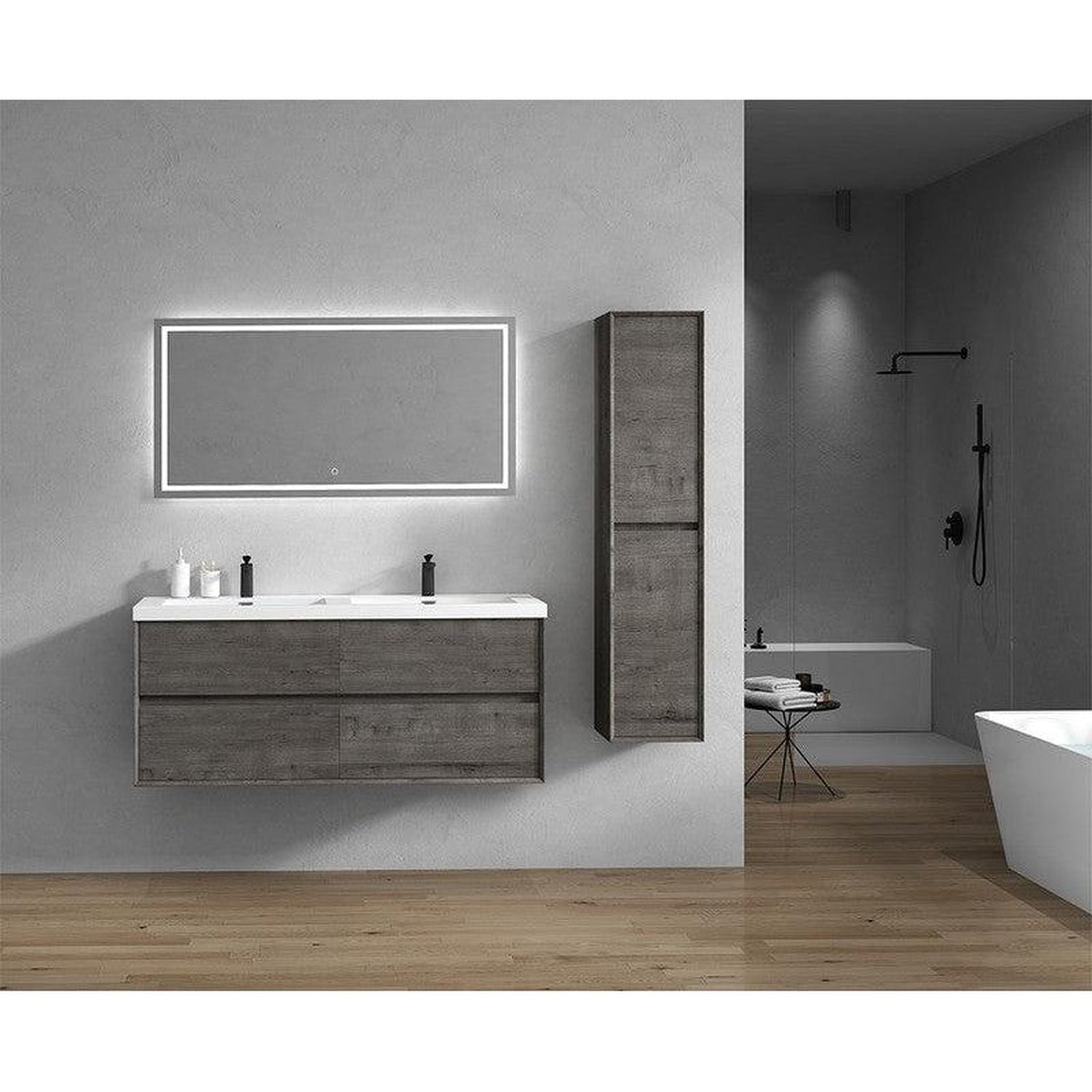 Noble 60&quot; Smoke Oak Wall-Mounted Modern Vanity With Double Reinforced White Acrylic Sinks