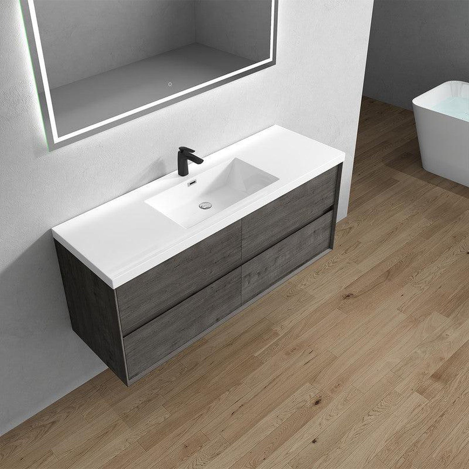 Noble 60&quot; Smoke Oak Wall-Mounted Modern Vanity With Single Reinforced White Acrylic Sink