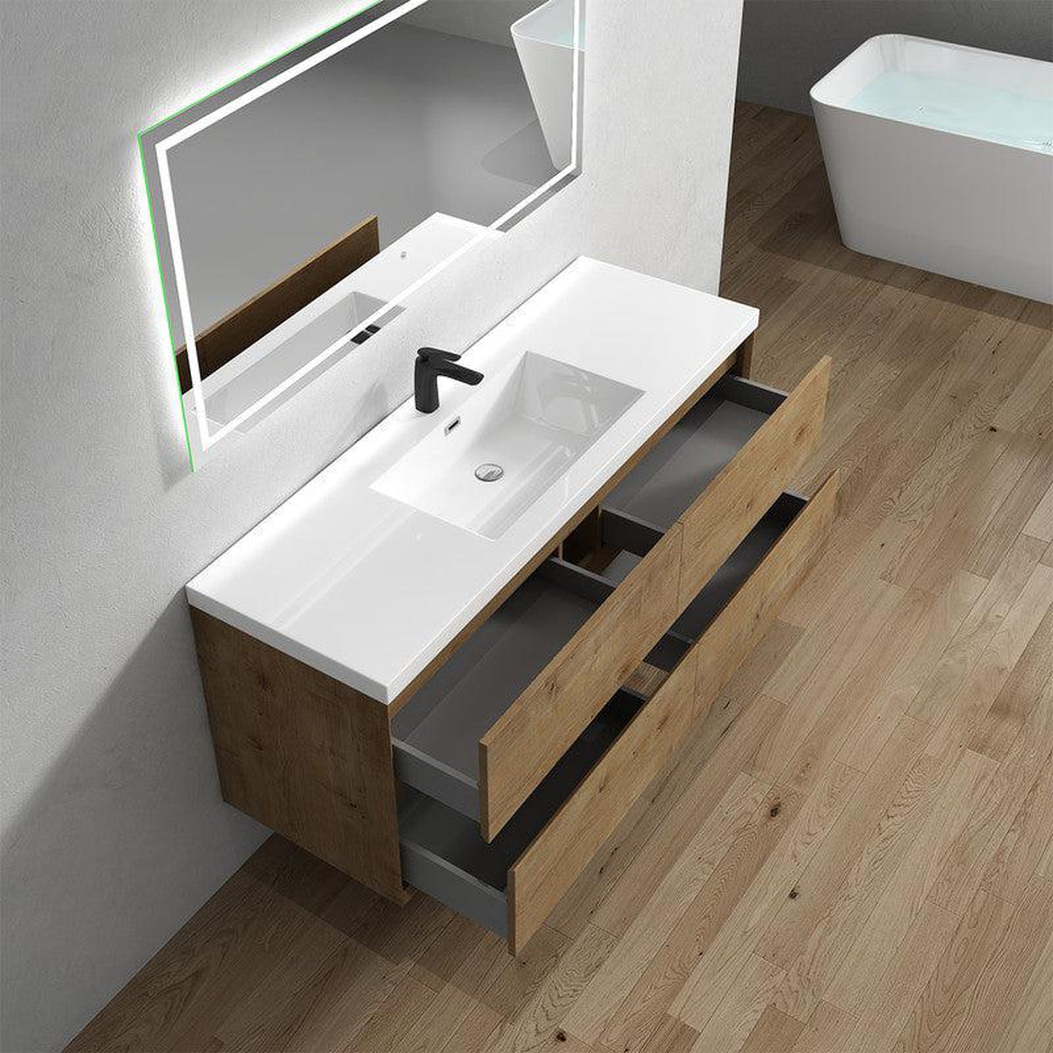 Noble 60&quot; White Oak Wall-Mounted Modern Vanity With Single Reinforced White Acrylic Sink