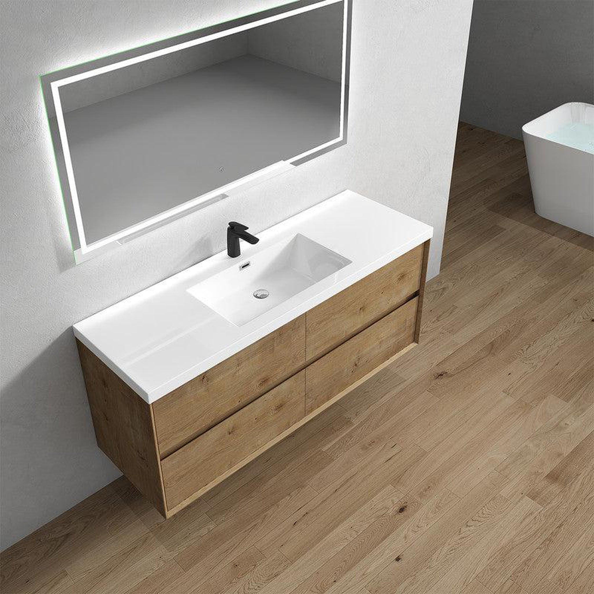 Noble 60&quot; White Oak Wall-Mounted Modern Vanity With Single Reinforced White Acrylic Sink