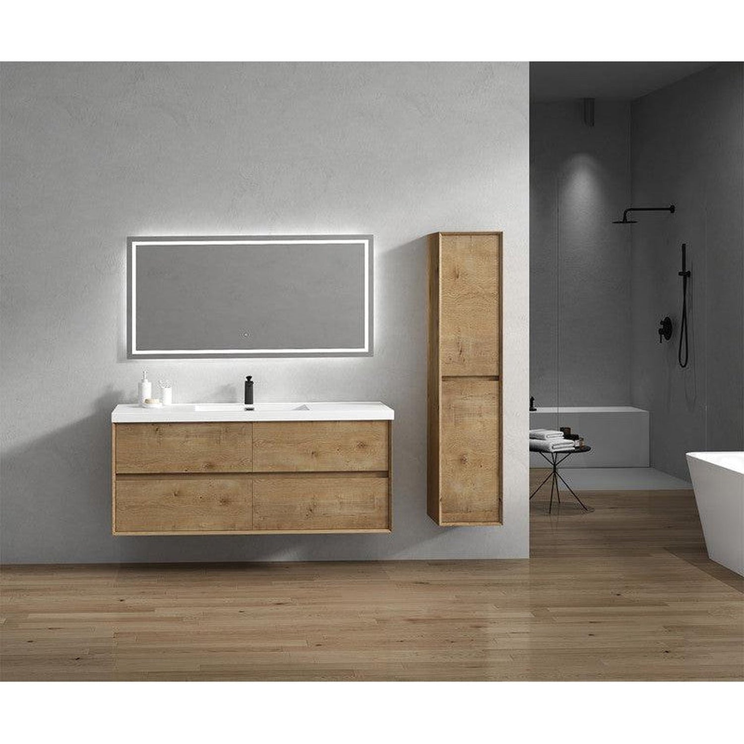 Noble 60&quot; White Oak Wall-Mounted Modern Vanity With Single Reinforced White Acrylic Sink