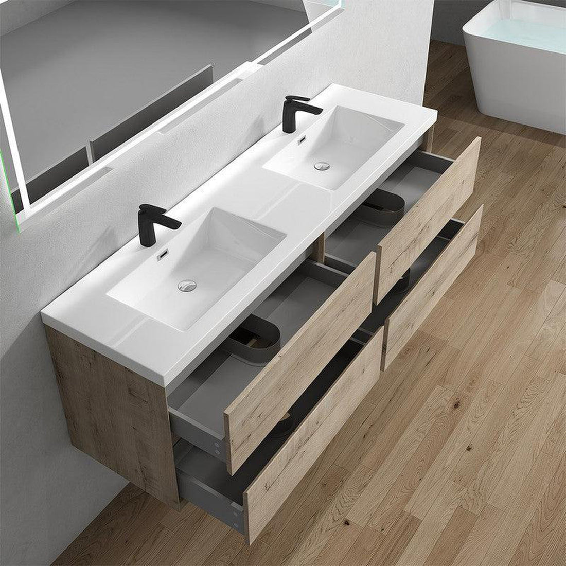 Noble 72&quot; Light Oak Wall-Mounted Modern Vanity With Double Reinforced White Acrylic Sinks