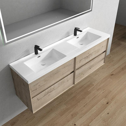 Noble 72&quot; Light Oak Wall-Mounted Modern Vanity With Double Reinforced White Acrylic Sinks