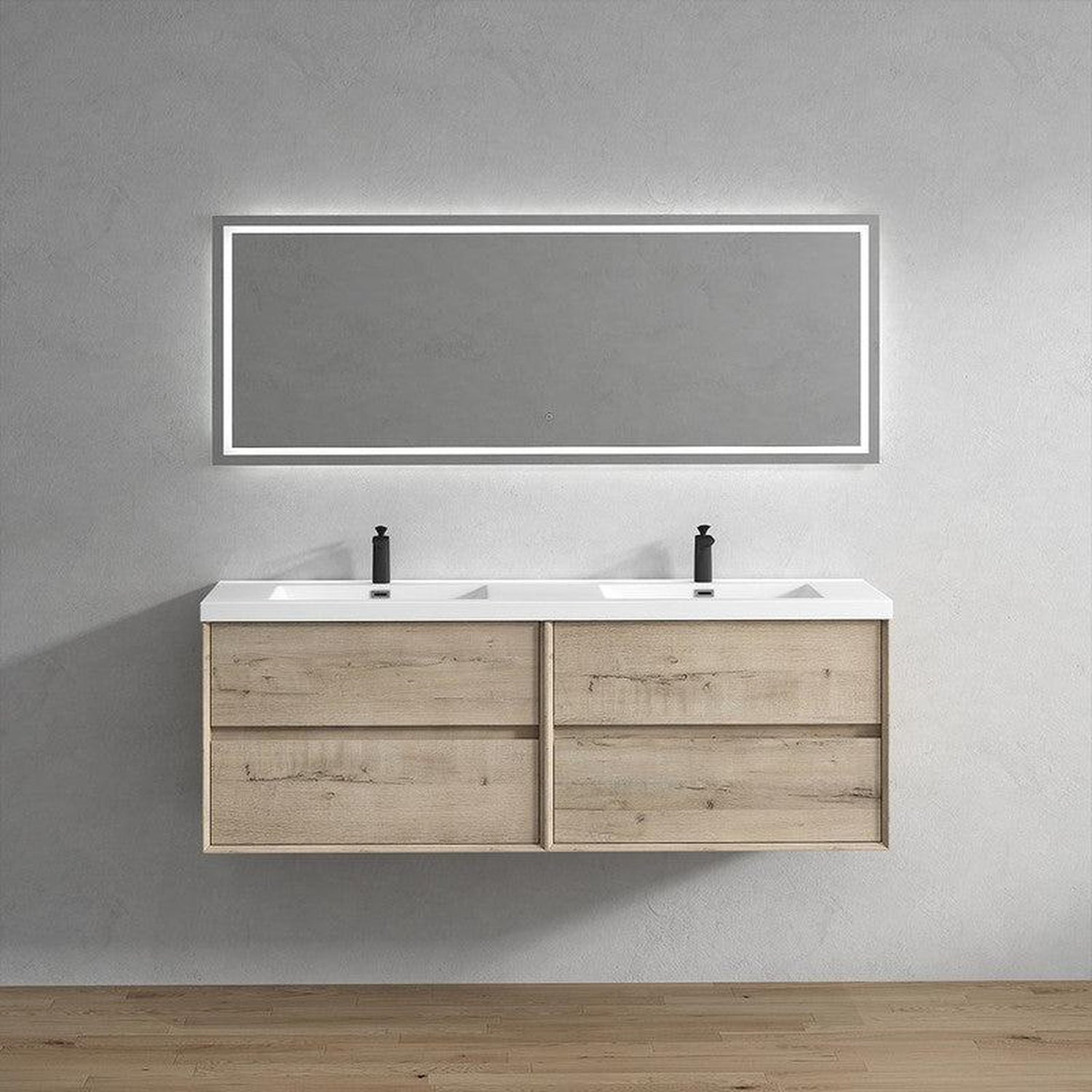 Noble 72&quot; Light Oak Wall-Mounted Modern Vanity With Double Reinforced White Acrylic Sinks