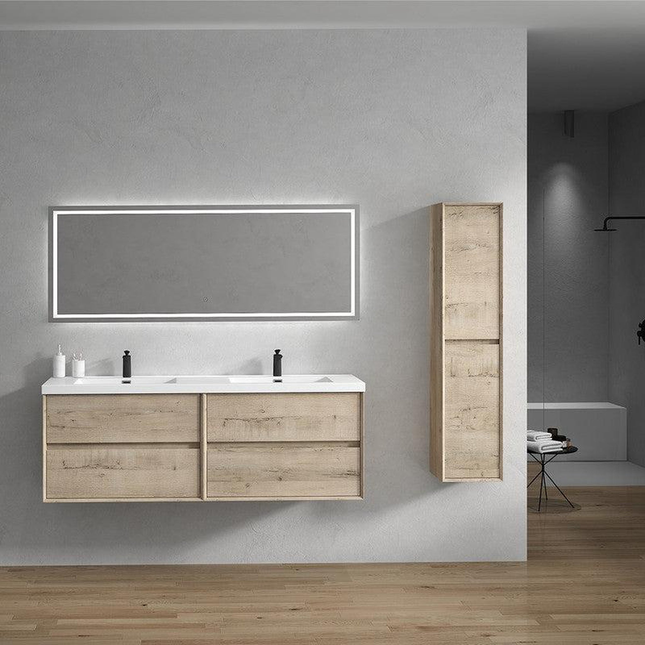 Noble 72&quot; Light Oak Wall-Mounted Modern Vanity With Double Reinforced White Acrylic Sinks