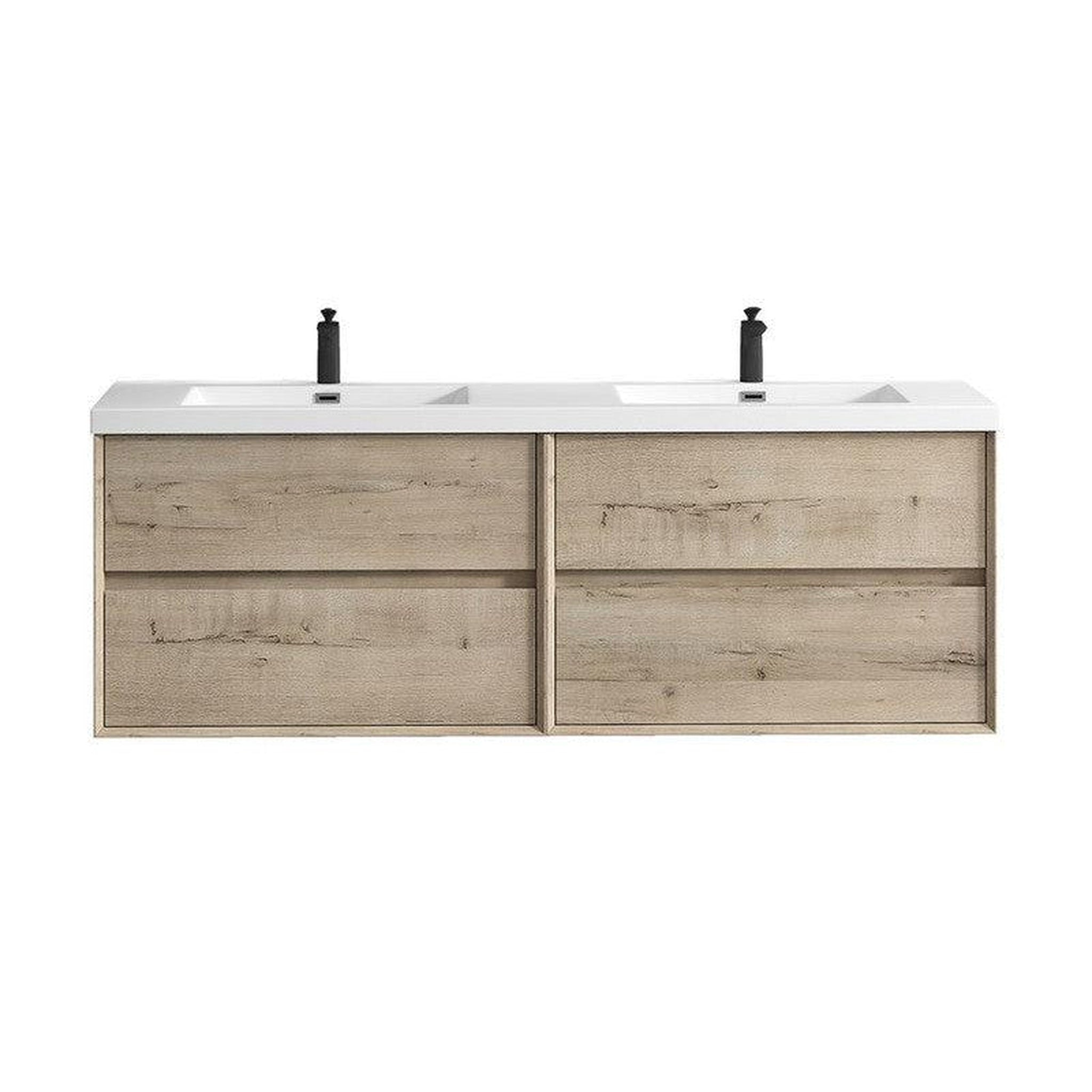 Noble 72&quot; Light Oak Wall-Mounted Modern Vanity With Double Reinforced White Acrylic Sinks