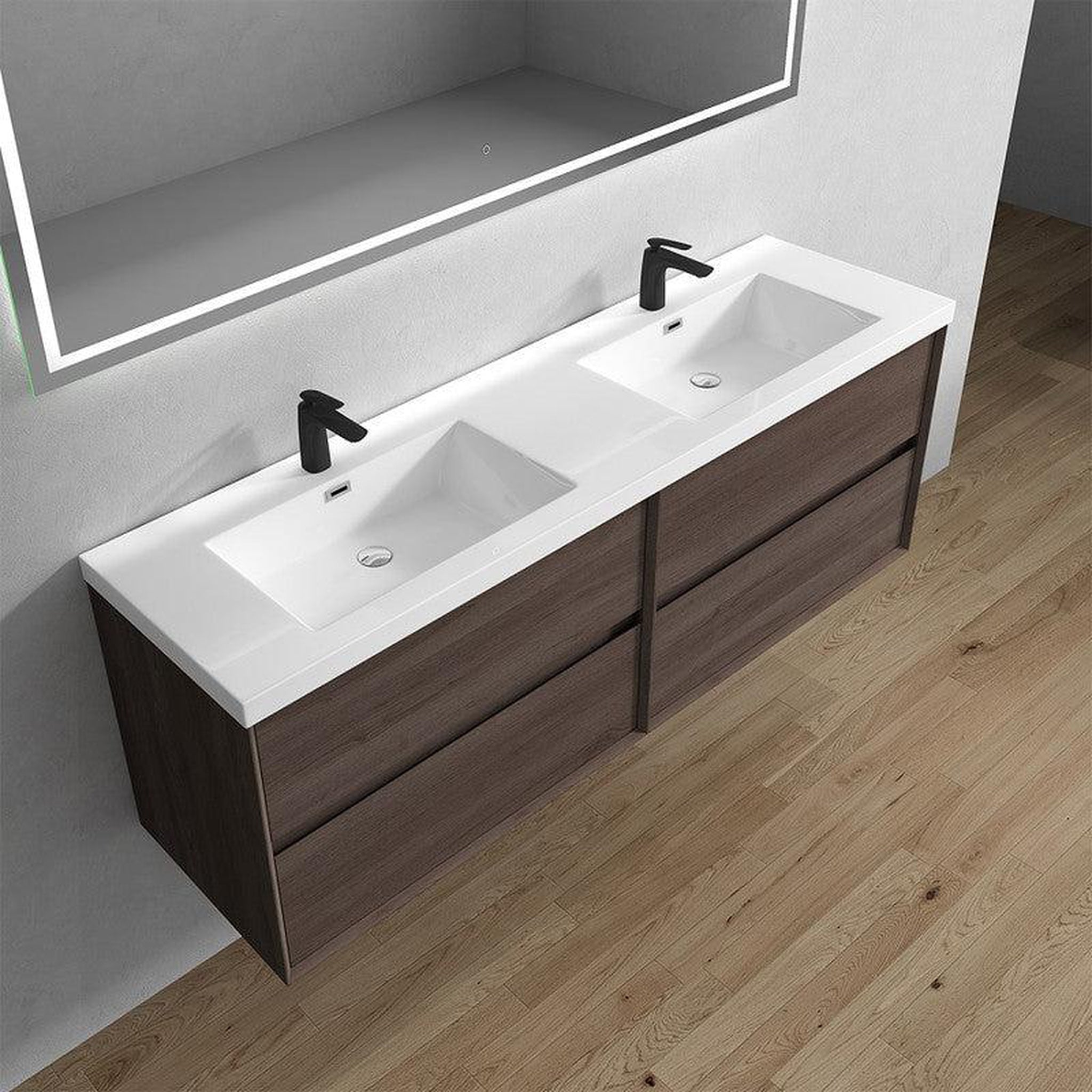 Noble 72&quot; Red Oak Wall-Mounted Modern Vanity With Double Reinforced White Acrylic Sinks