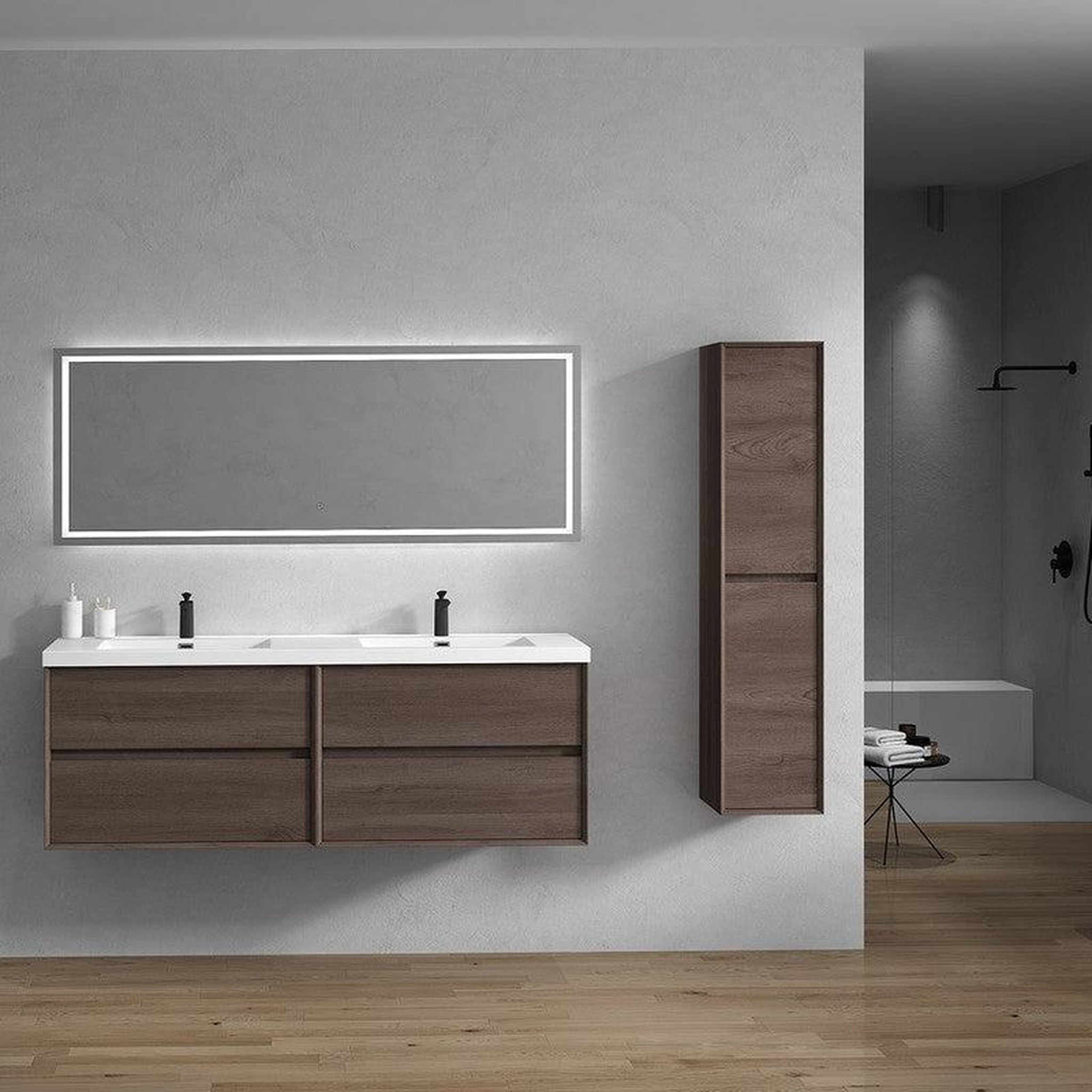 Noble 72&quot; Red Oak Wall-Mounted Modern Vanity With Double Reinforced White Acrylic Sinks