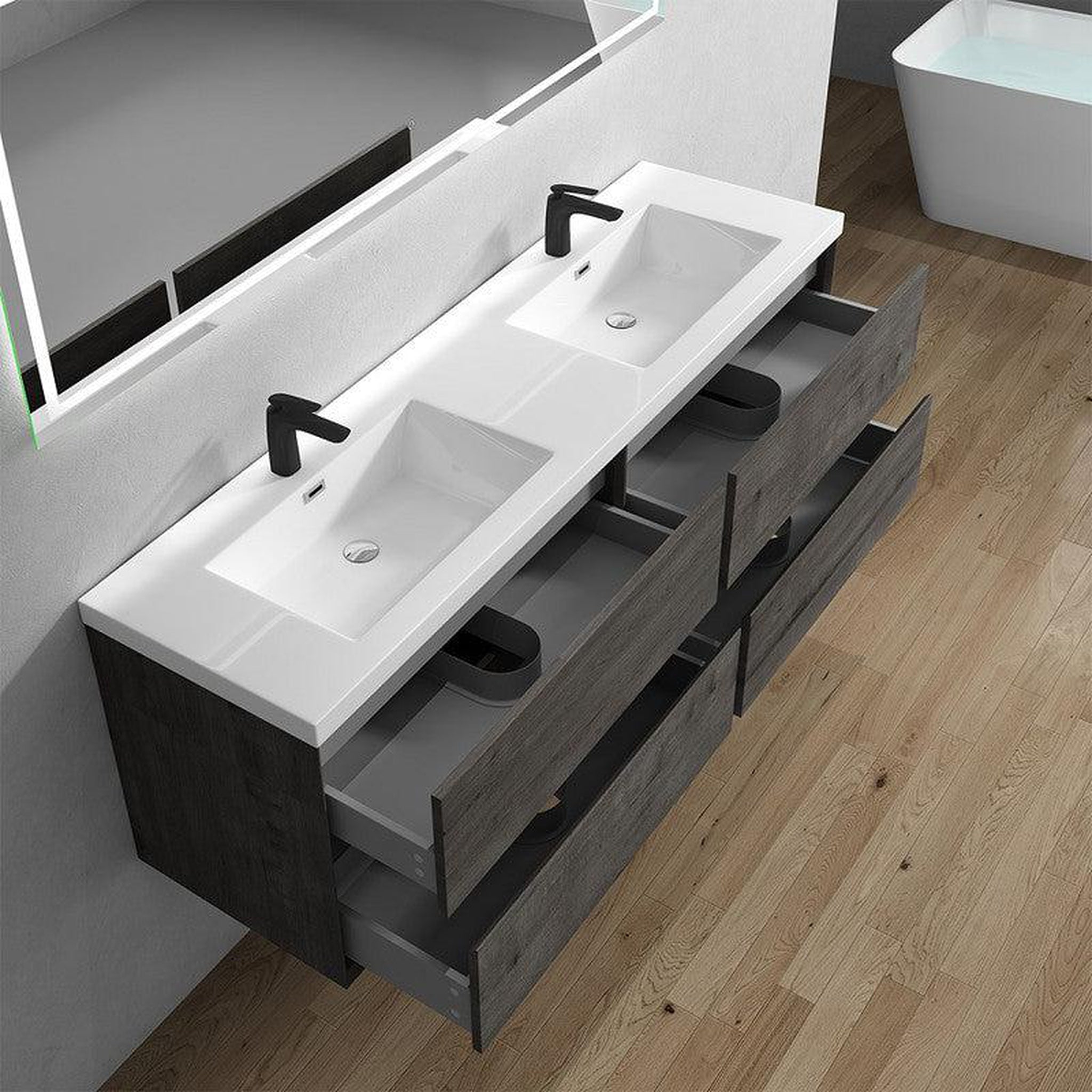 Noble 72&quot; Smoke Oak Wall-Mounted Modern Vanity With Double Reinforced White Acrylic Sinks