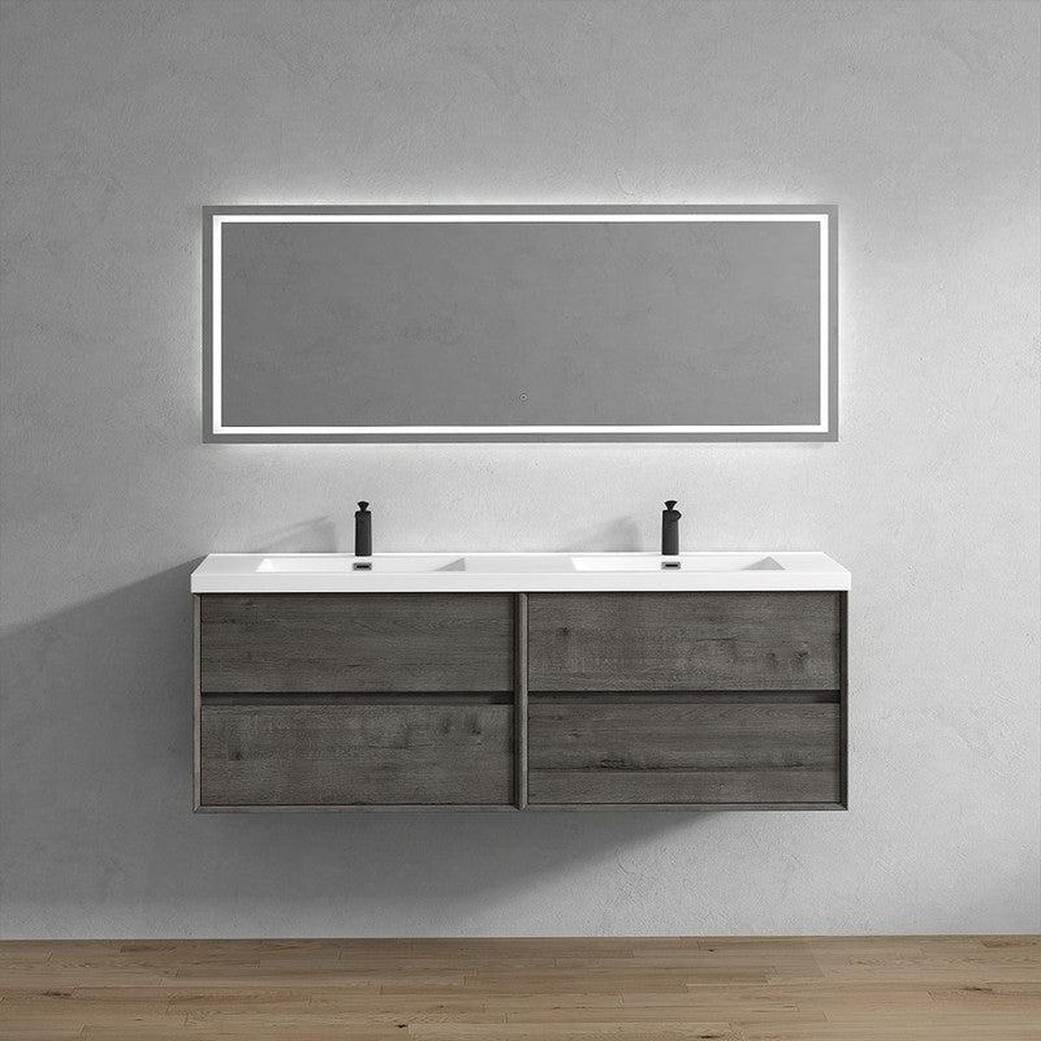 Noble 72&quot; Smoke Oak Wall-Mounted Modern Vanity With Double Reinforced White Acrylic Sinks