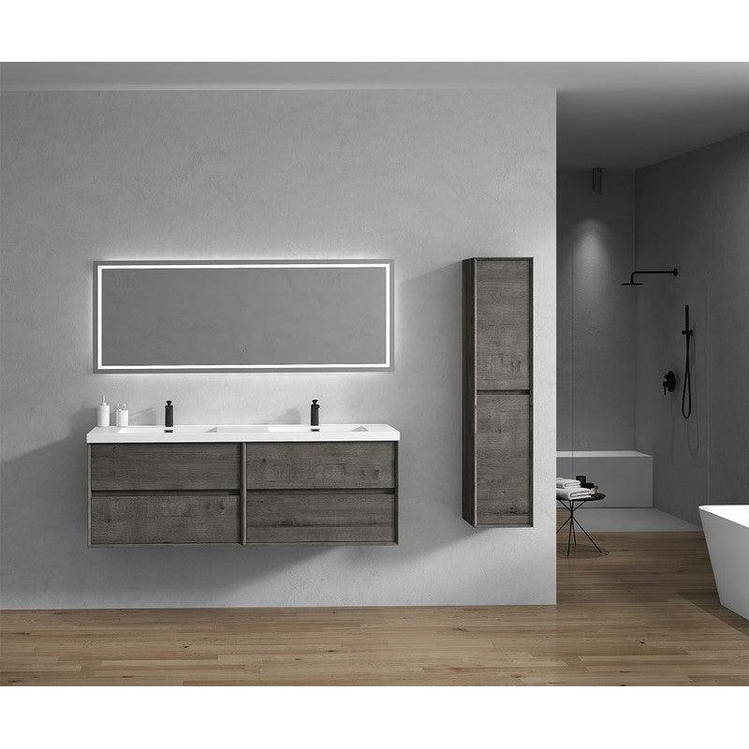 Noble 72&quot; Smoke Oak Wall-Mounted Modern Vanity With Double Reinforced White Acrylic Sinks