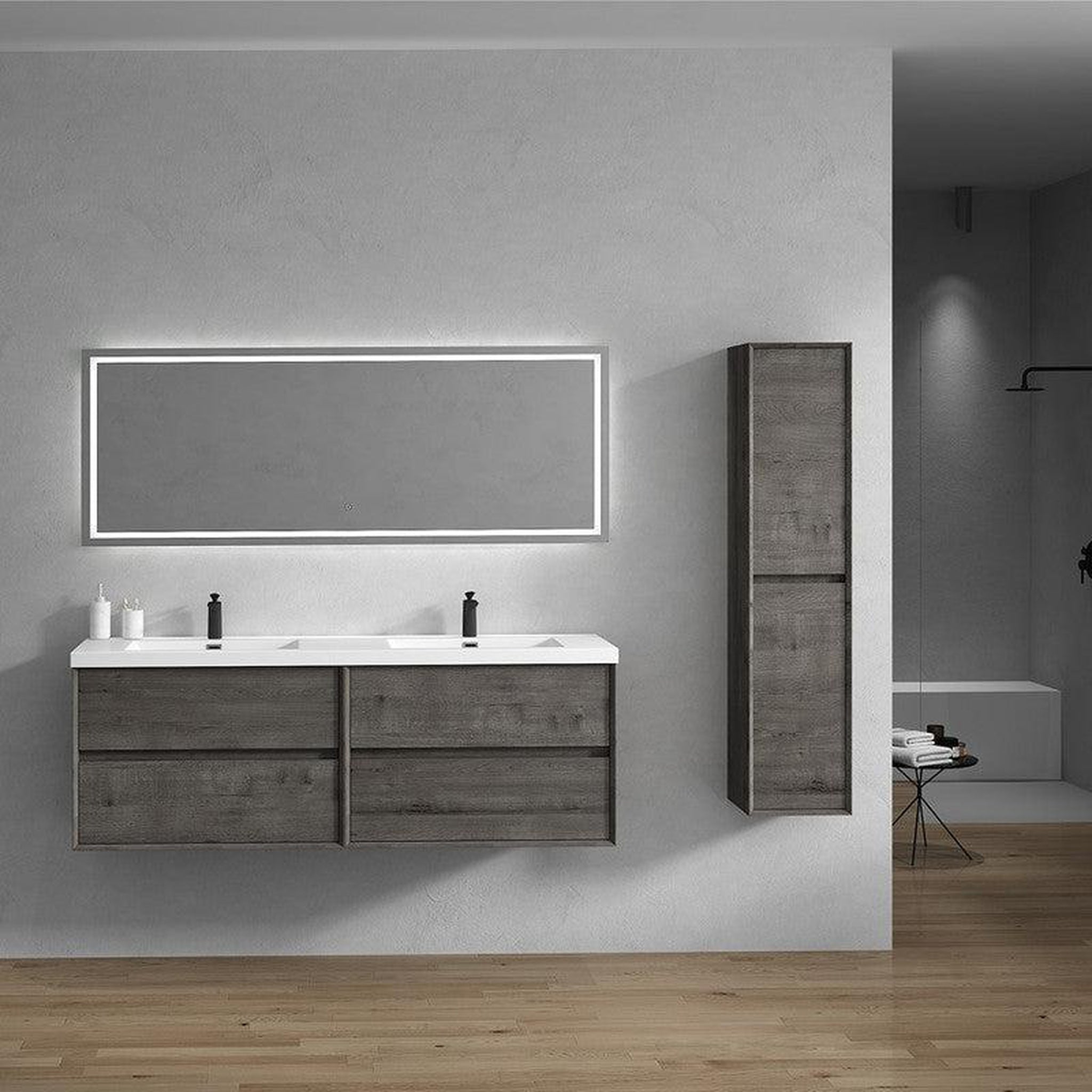 Noble 72&quot; Smoke Oak Wall-Mounted Modern Vanity With Double Reinforced White Acrylic Sinks