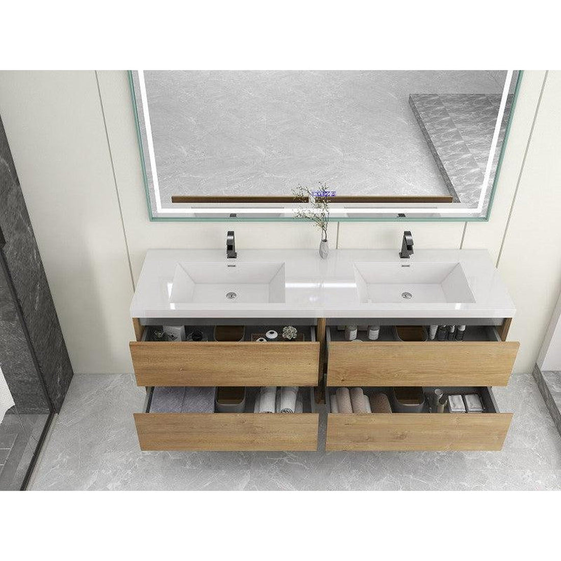 Noble 72&quot; White Oak Wall-Mounted Modern Vanity With Double Reinforced White Acrylic Sinks