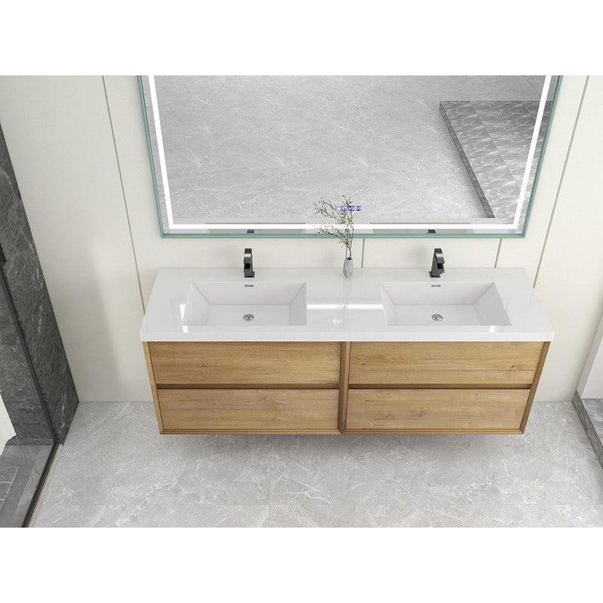 Noble 72&quot; White Oak Wall-Mounted Modern Vanity With Double Reinforced White Acrylic Sinks