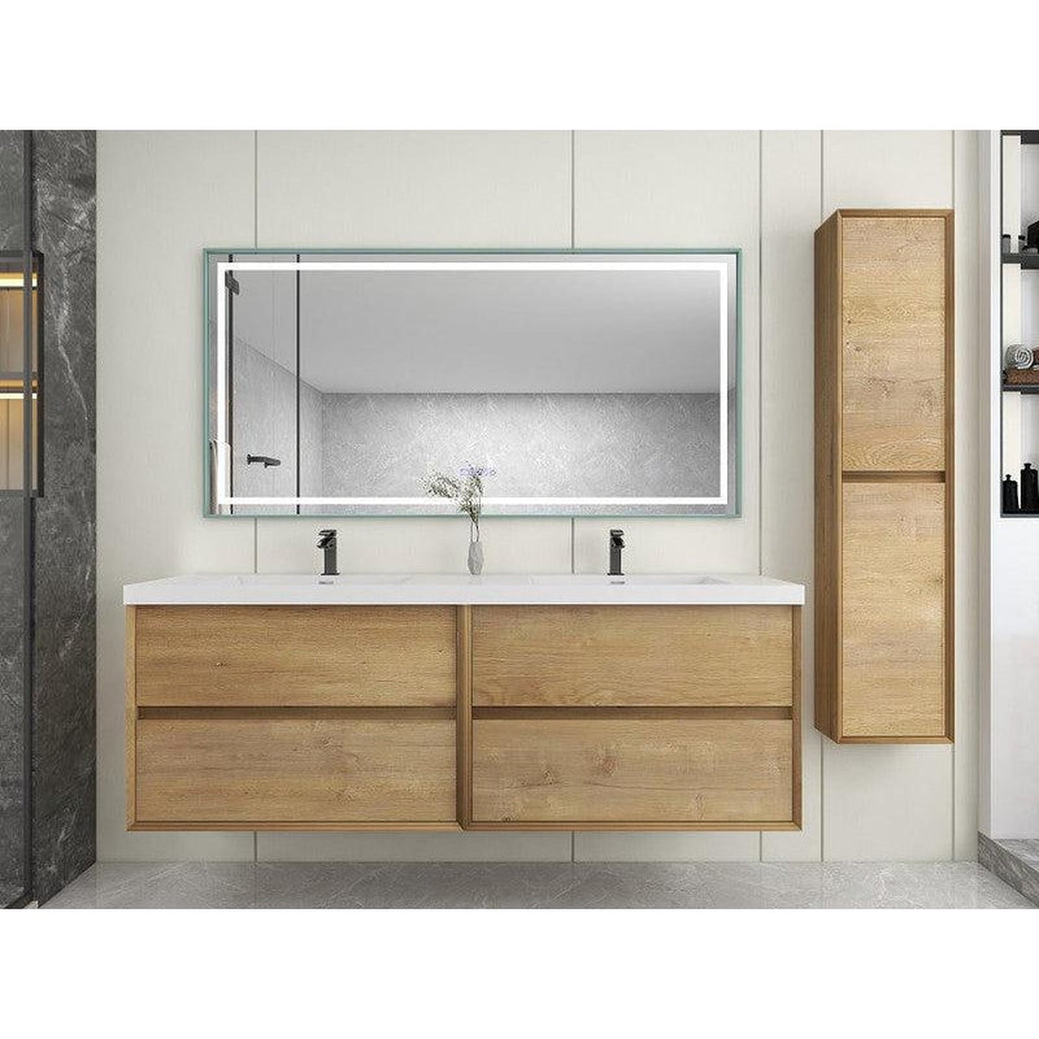 Noble 72&quot; White Oak Wall-Mounted Modern Vanity With Double Reinforced White Acrylic Sinks