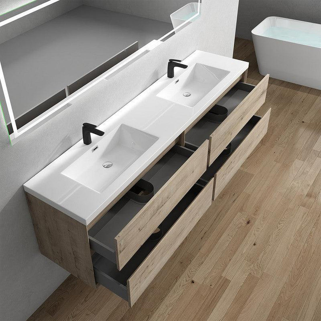 Noble 84&quot; Light Oak Wall-Mounted Modern Vanity With Double Reinforced White Acrylic Sinks