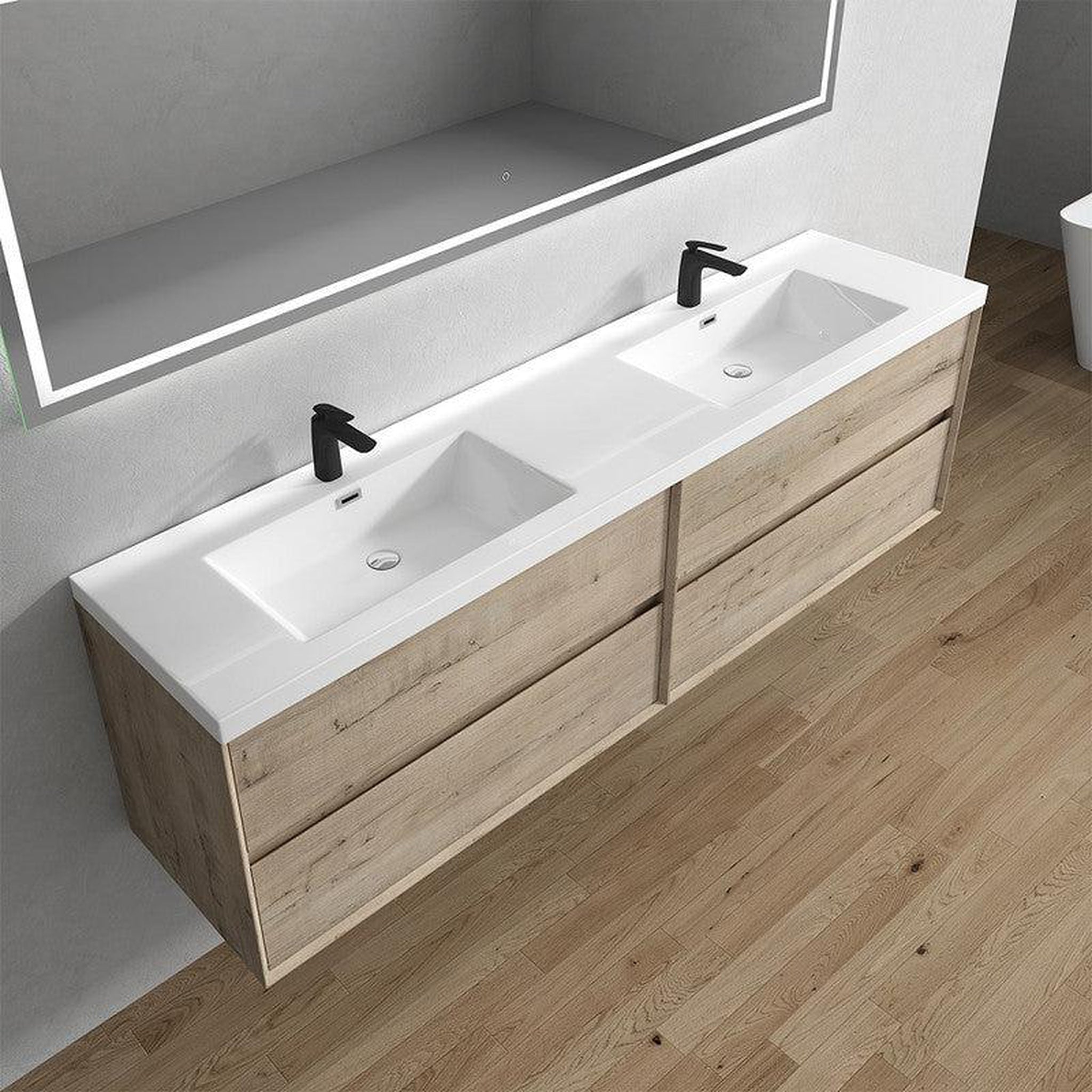 Noble 84&quot; Light Oak Wall-Mounted Modern Vanity With Double Reinforced White Acrylic Sinks