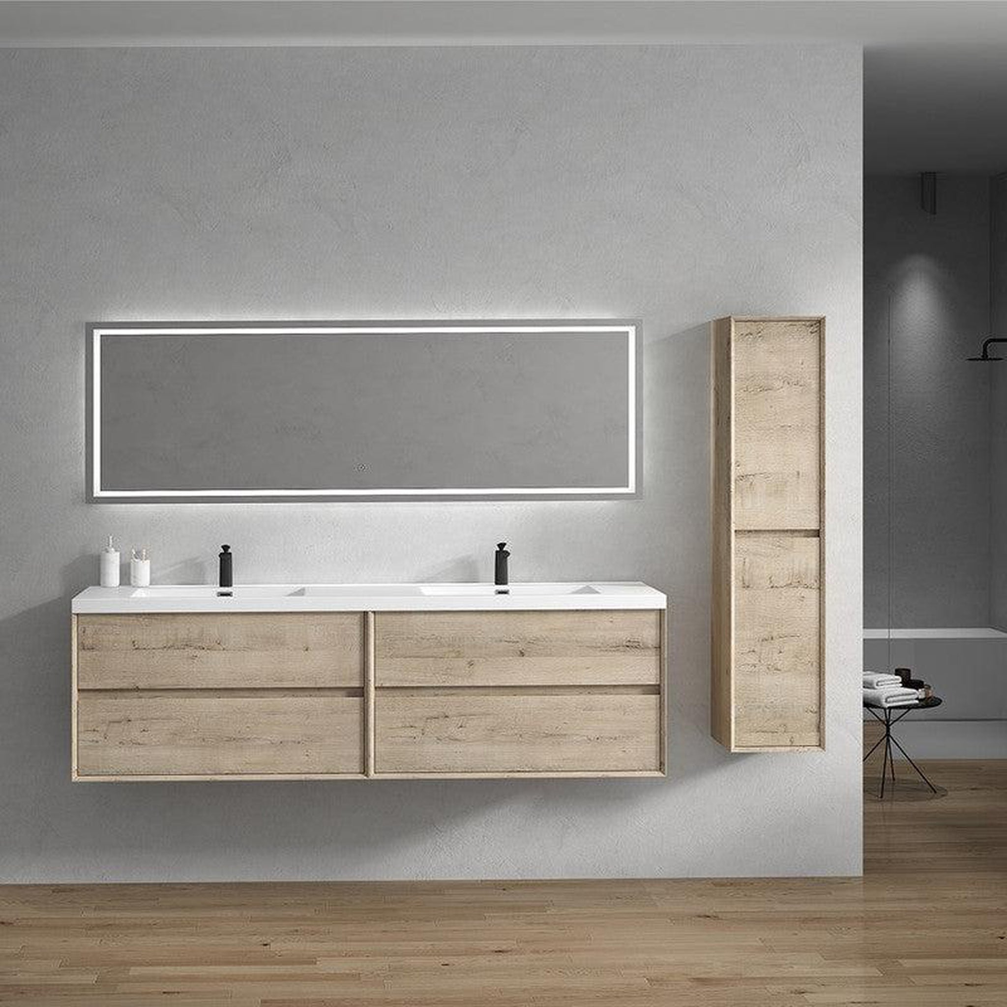 Noble 84&quot; Light Oak Wall-Mounted Modern Vanity With Double Reinforced White Acrylic Sinks