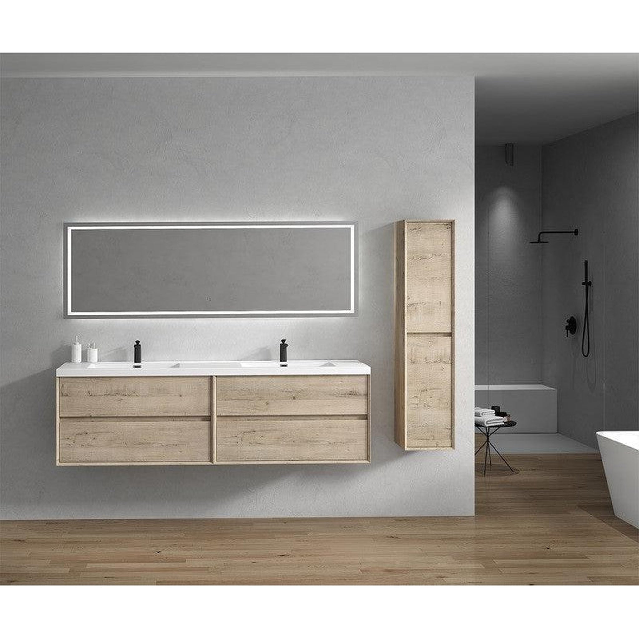 Noble 84&quot; Light Oak Wall-Mounted Modern Vanity With Double Reinforced White Acrylic Sinks