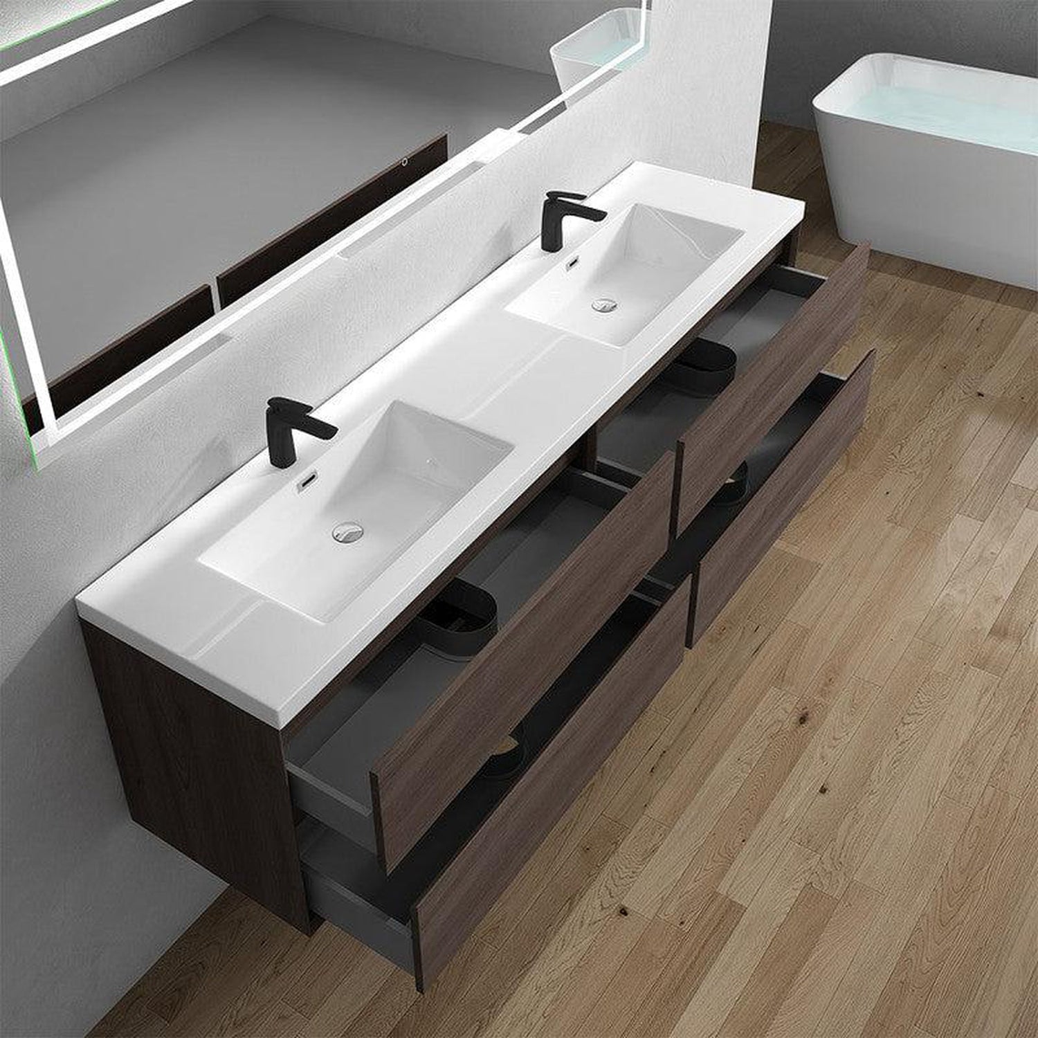 Noble 84&quot; Red Oak Wall-Mounted Modern Vanity With Double Reinforced White Acrylic Sinks