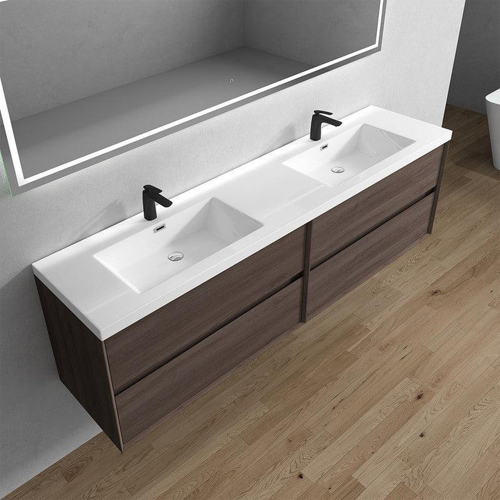 Noble 84&quot; Red Oak Wall-Mounted Modern Vanity With Double Reinforced White Acrylic Sinks