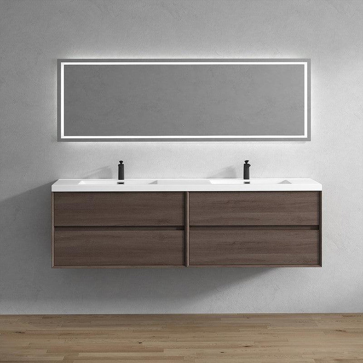 Noble 84&quot; Red Oak Wall-Mounted Modern Vanity With Double Reinforced White Acrylic Sinks