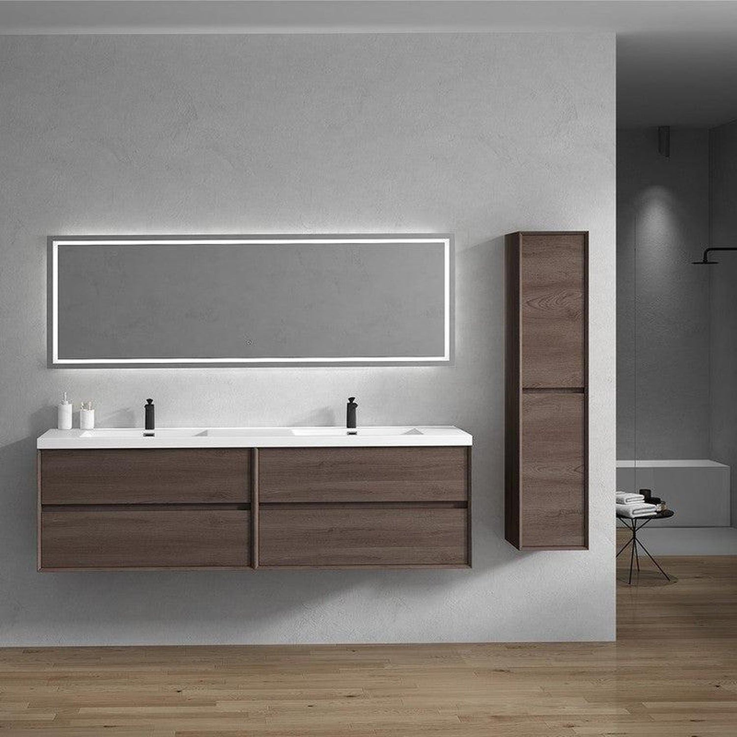 Noble 84&quot; Red Oak Wall-Mounted Modern Vanity With Double Reinforced White Acrylic Sinks