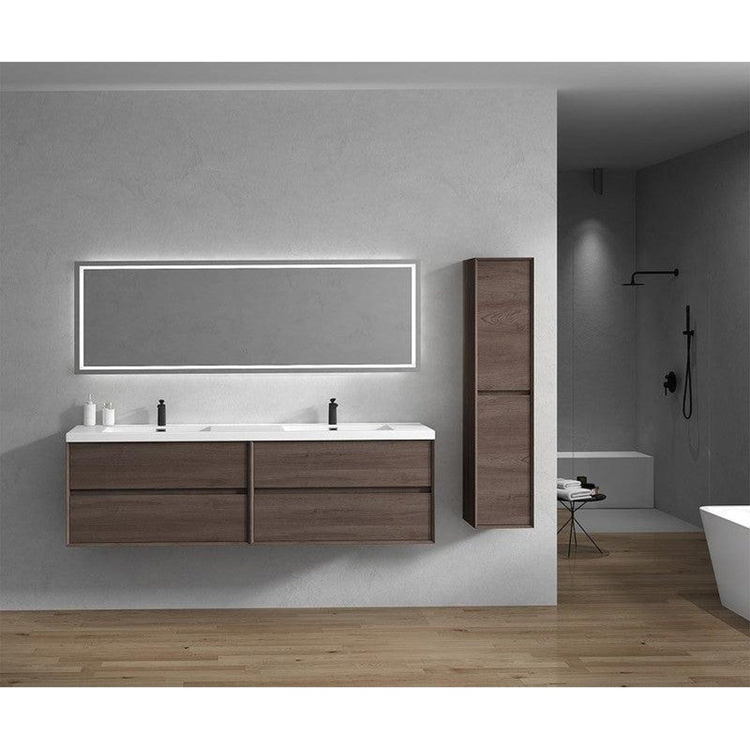 Noble 84&quot; Red Oak Wall-Mounted Modern Vanity With Double Reinforced White Acrylic Sinks