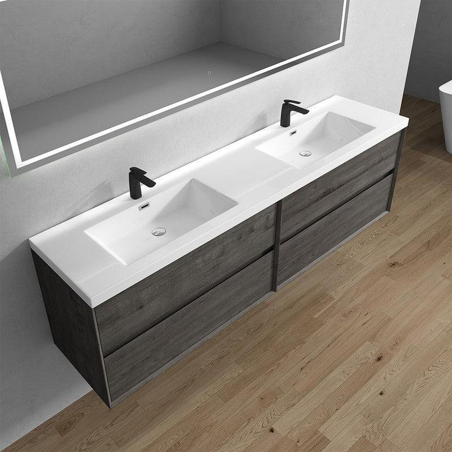 Noble 84&quot; Smoke Oak Wall-Mounted Modern Vanity With Double Reinforced White Acrylic Sinks