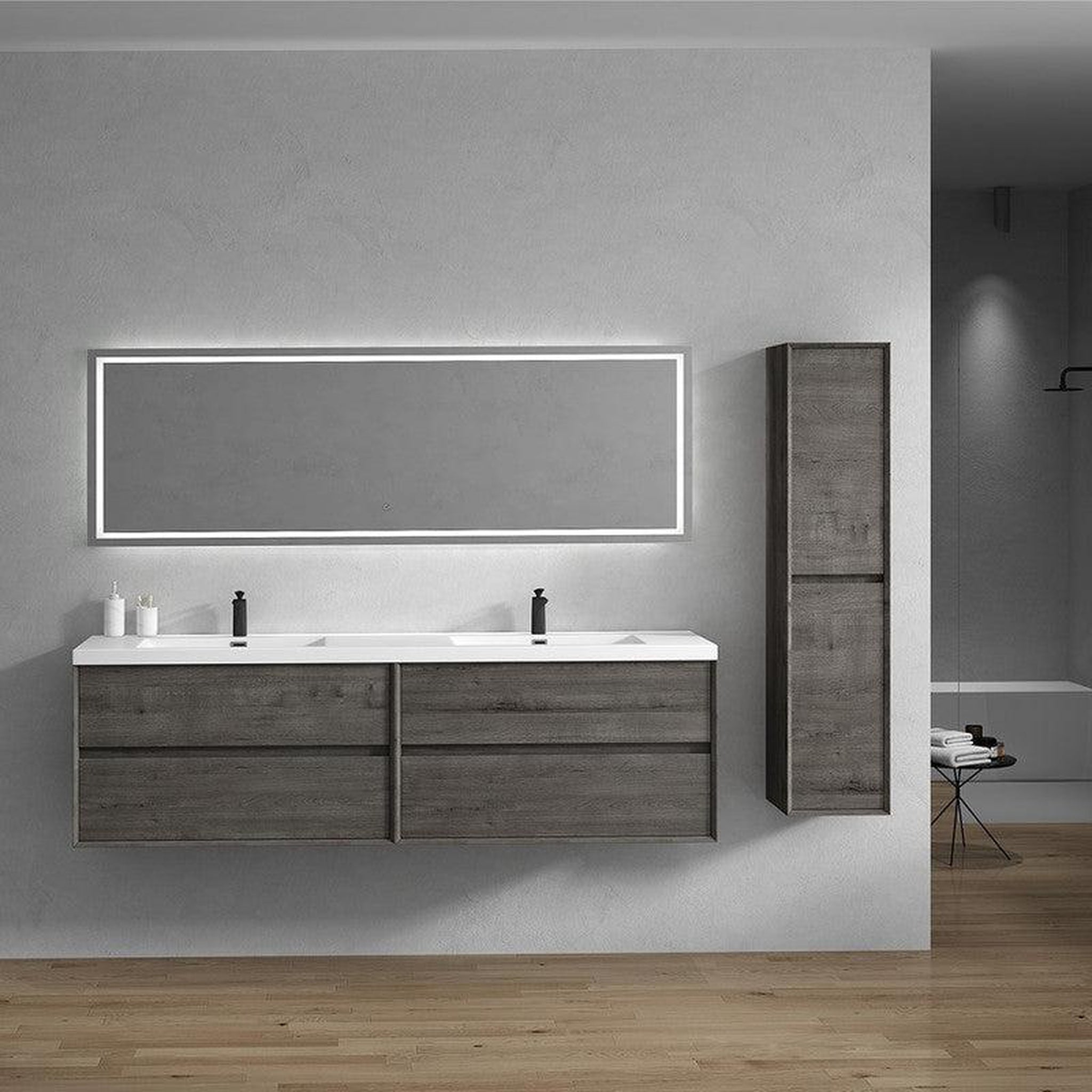 Noble 84&quot; Smoke Oak Wall-Mounted Modern Vanity With Double Reinforced White Acrylic Sinks