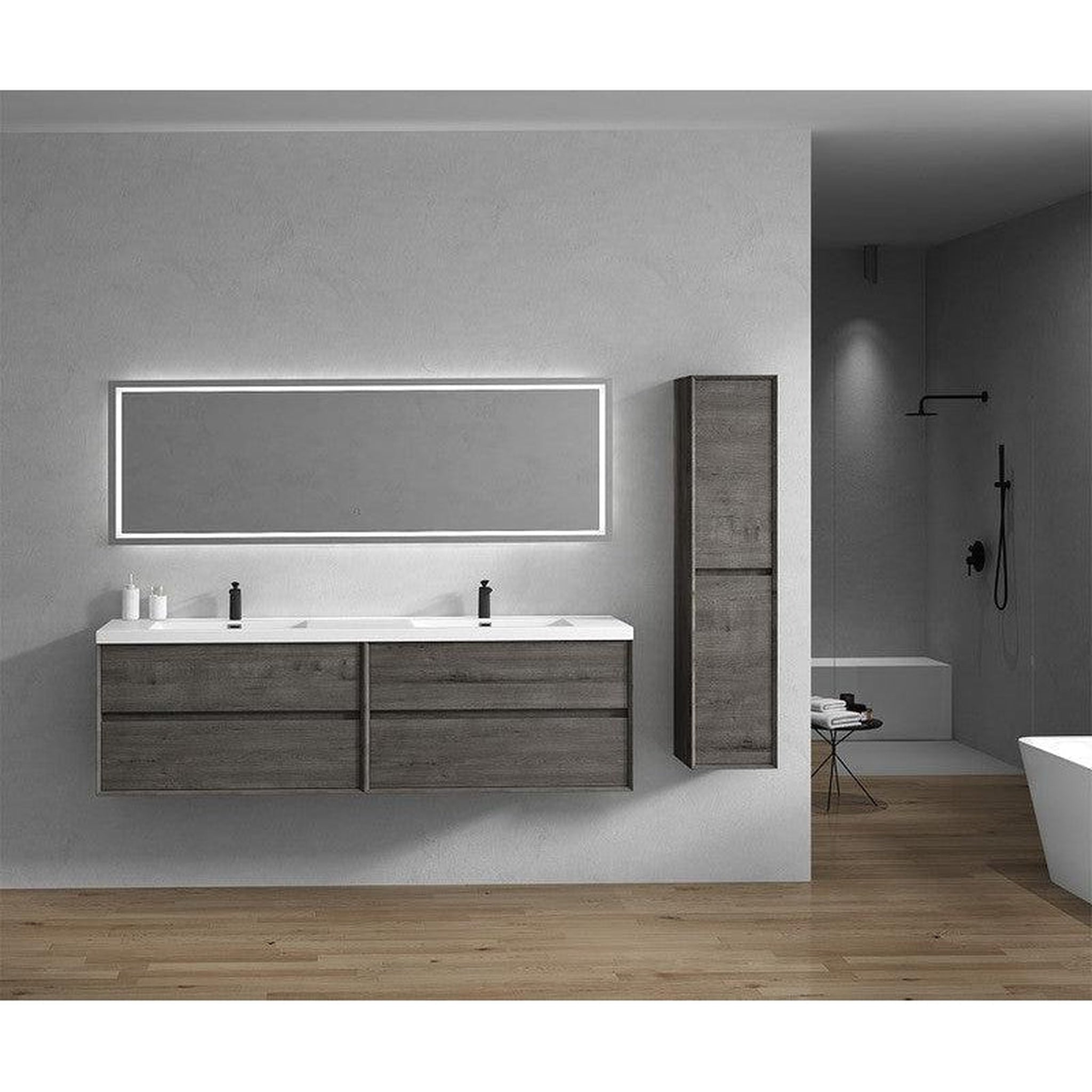 Noble 84&quot; Smoke Oak Wall-Mounted Modern Vanity With Double Reinforced White Acrylic Sinks