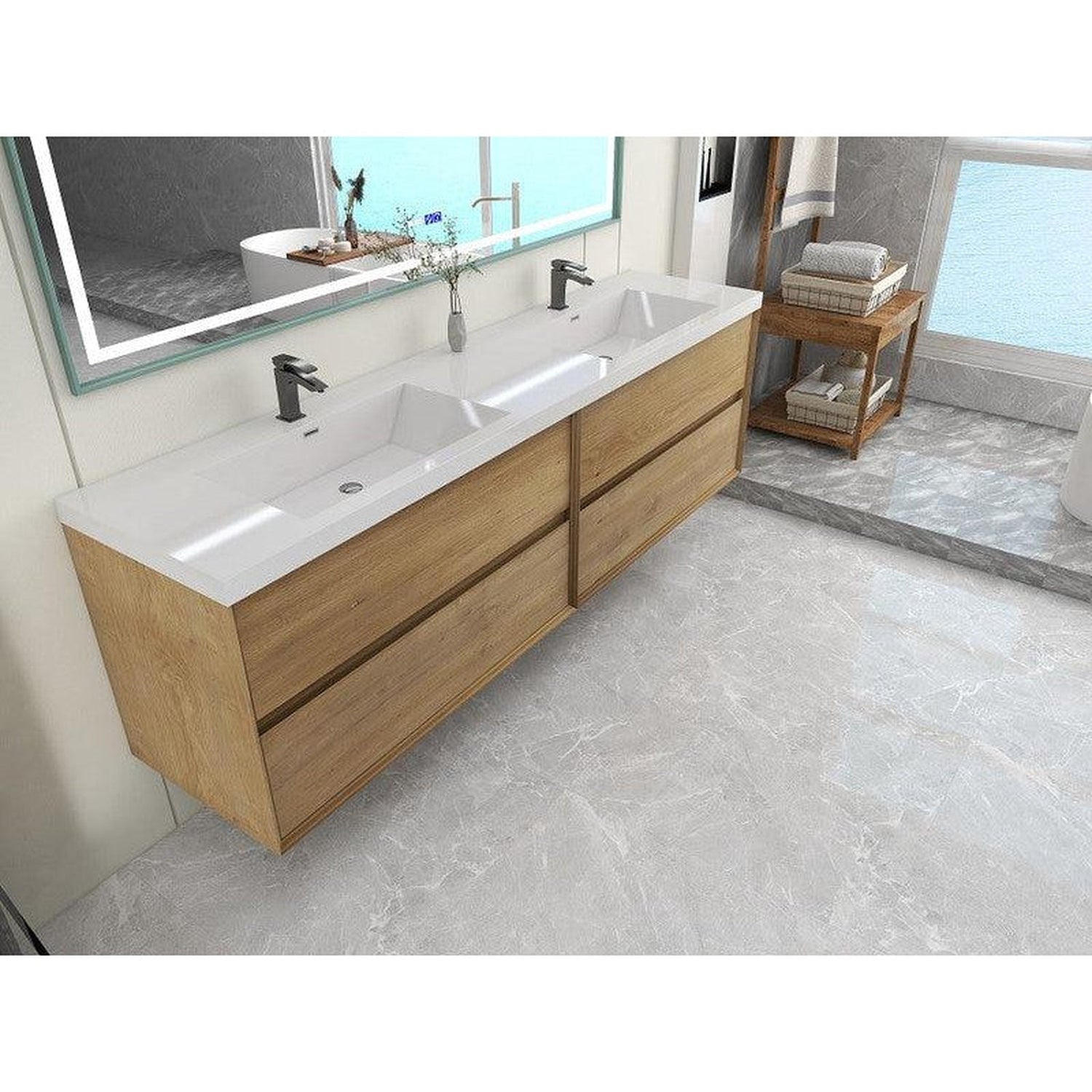 Noble 84&quot; White Oak Wall-Mounted Modern Vanity With Double Reinforced White Acrylic Sinks