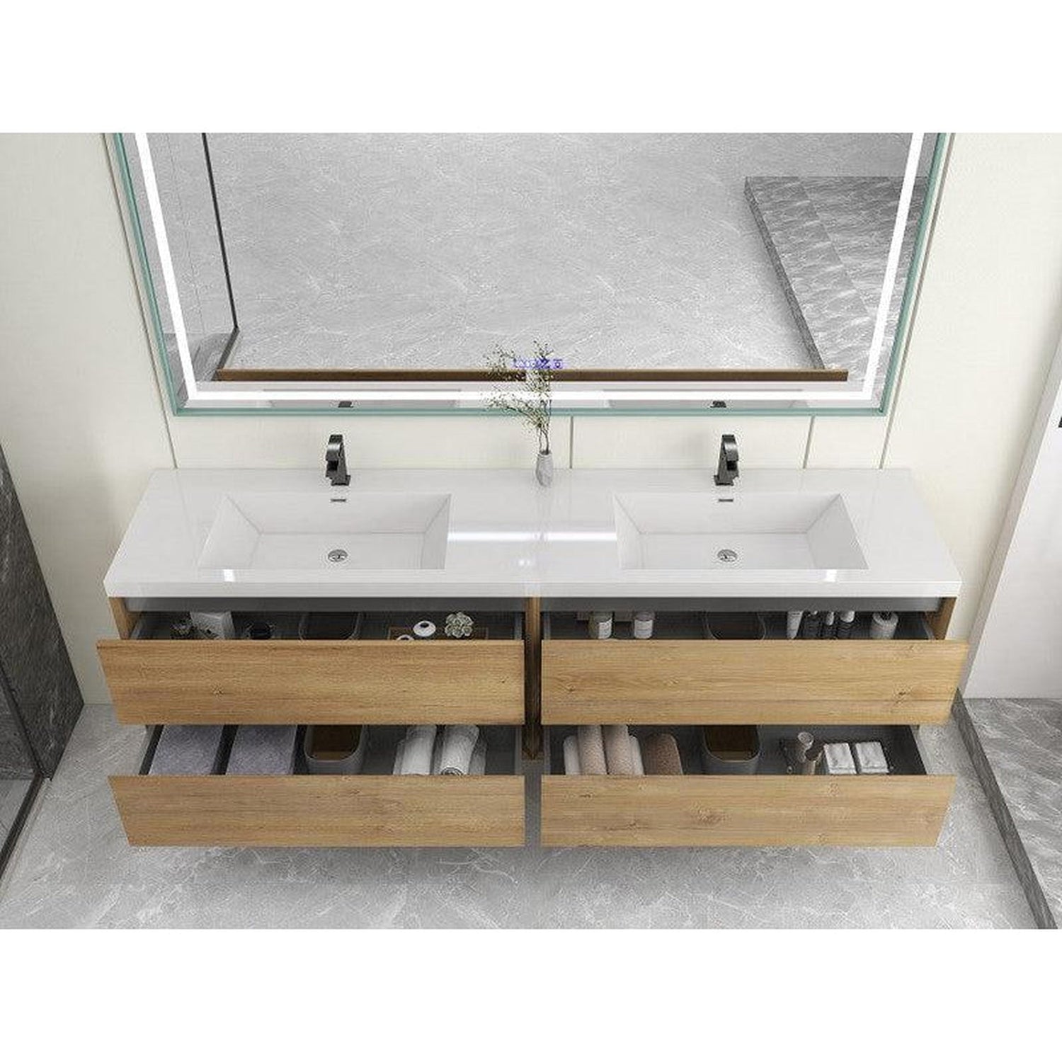 Noble 84&quot; White Oak Wall-Mounted Modern Vanity With Double Reinforced White Acrylic Sinks