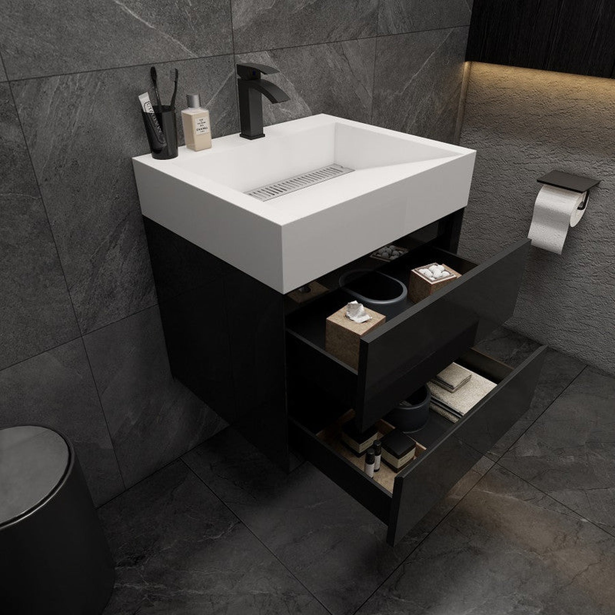 Prime 24&quot; Gloss Black Wall-Mounted Vanity With Single Reinforced White Acrylic Sink