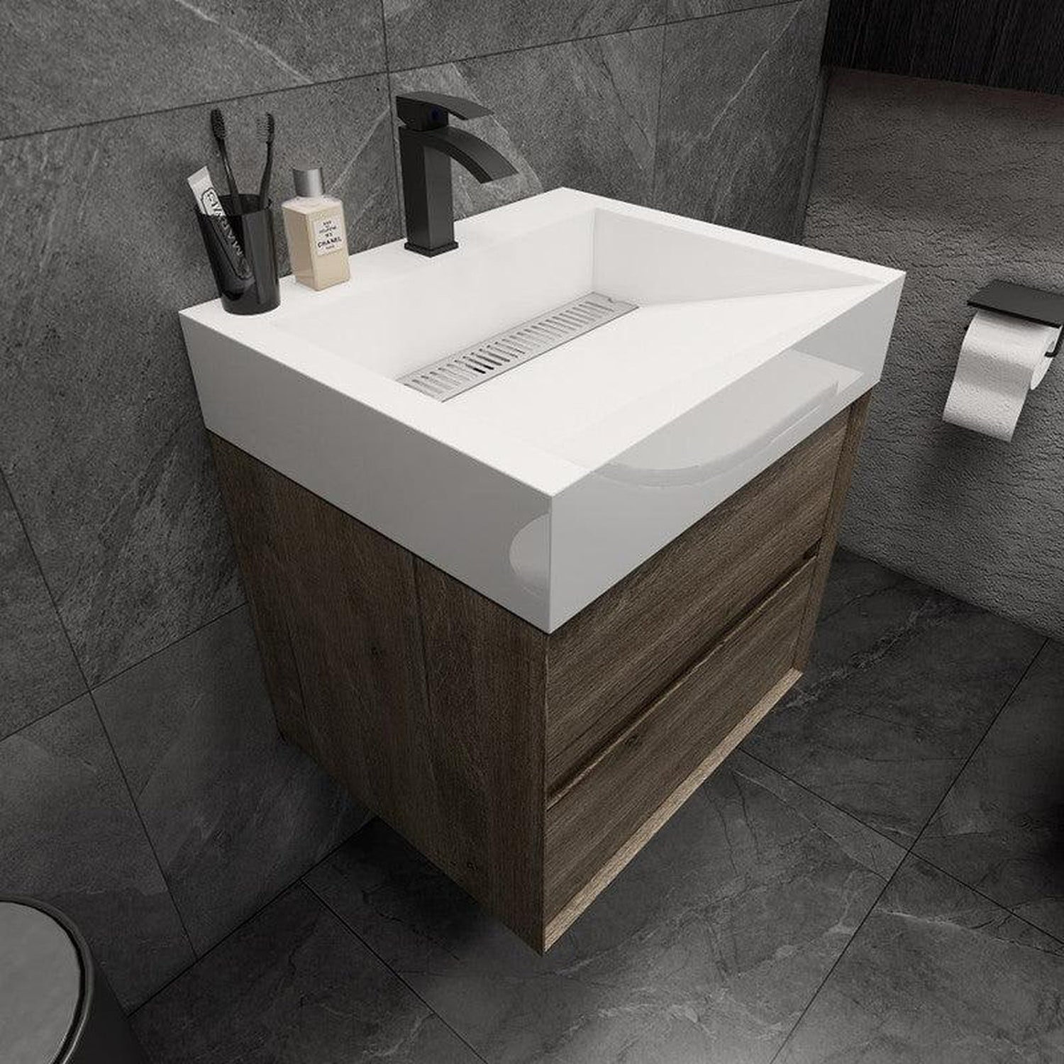 Prime 24&quot; Gray Oak Wall-Mounted Vanity With Single Reinforced White Acrylic Sink