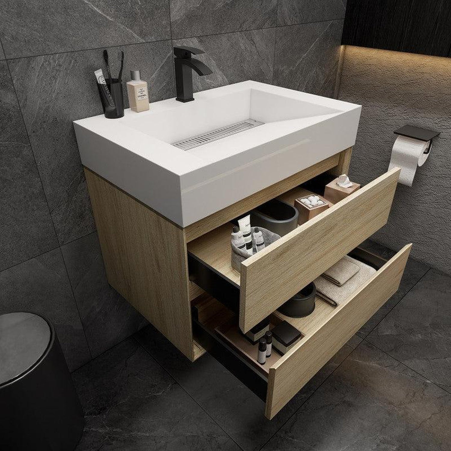 Prime 30&quot; Coffee Wood Wall-Mounted Vanity With Single Reinforced White Acrylic Sink