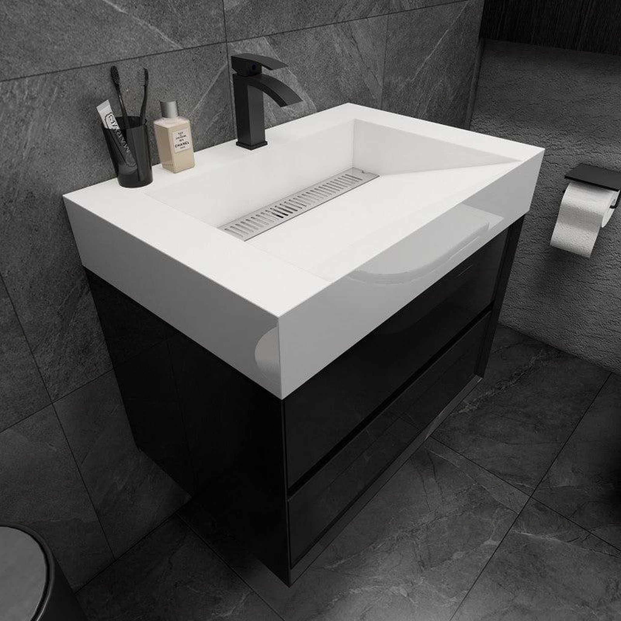 Prime 30&quot; Gloss Black Wall-Mounted Vanity With Single Reinforced White Acrylic Sink