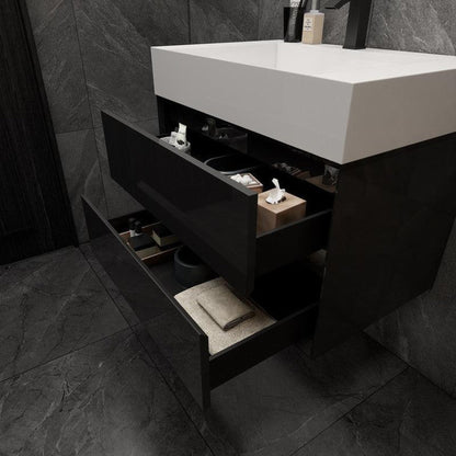 Prime 30&quot; Gloss Black Wall-Mounted Vanity With Single Reinforced White Acrylic Sink