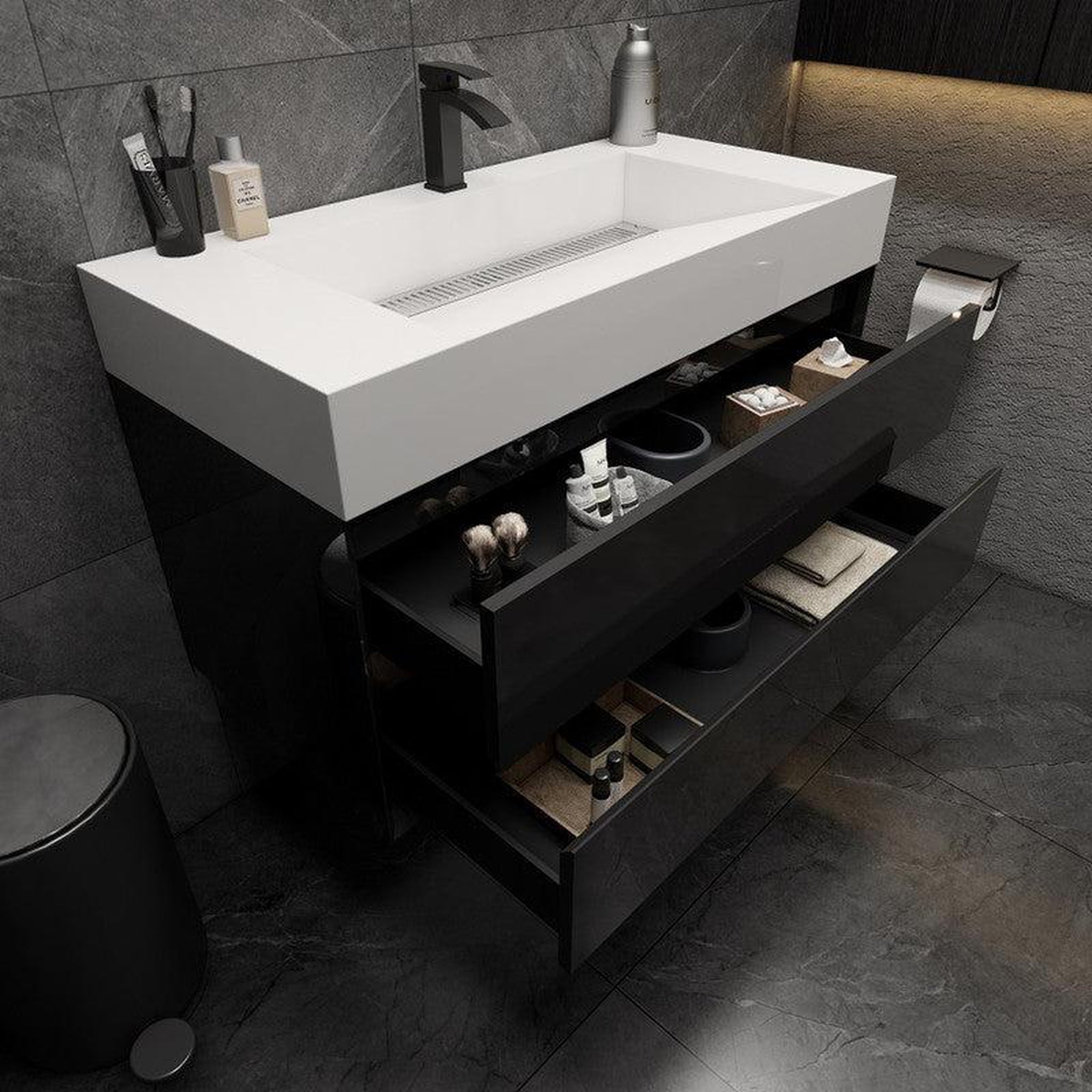 Prime 42&quot; Gloss Black Wall-Mounted Vanity With Single Reinforced White Acrylic Sink