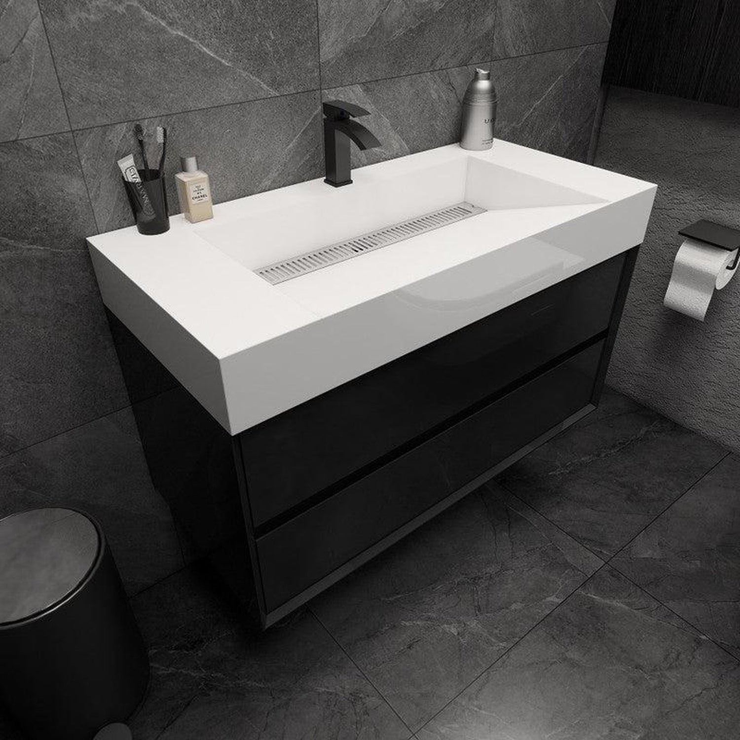 Prime 42&quot; Gloss Black Wall-Mounted Vanity With Single Reinforced White Acrylic Sink