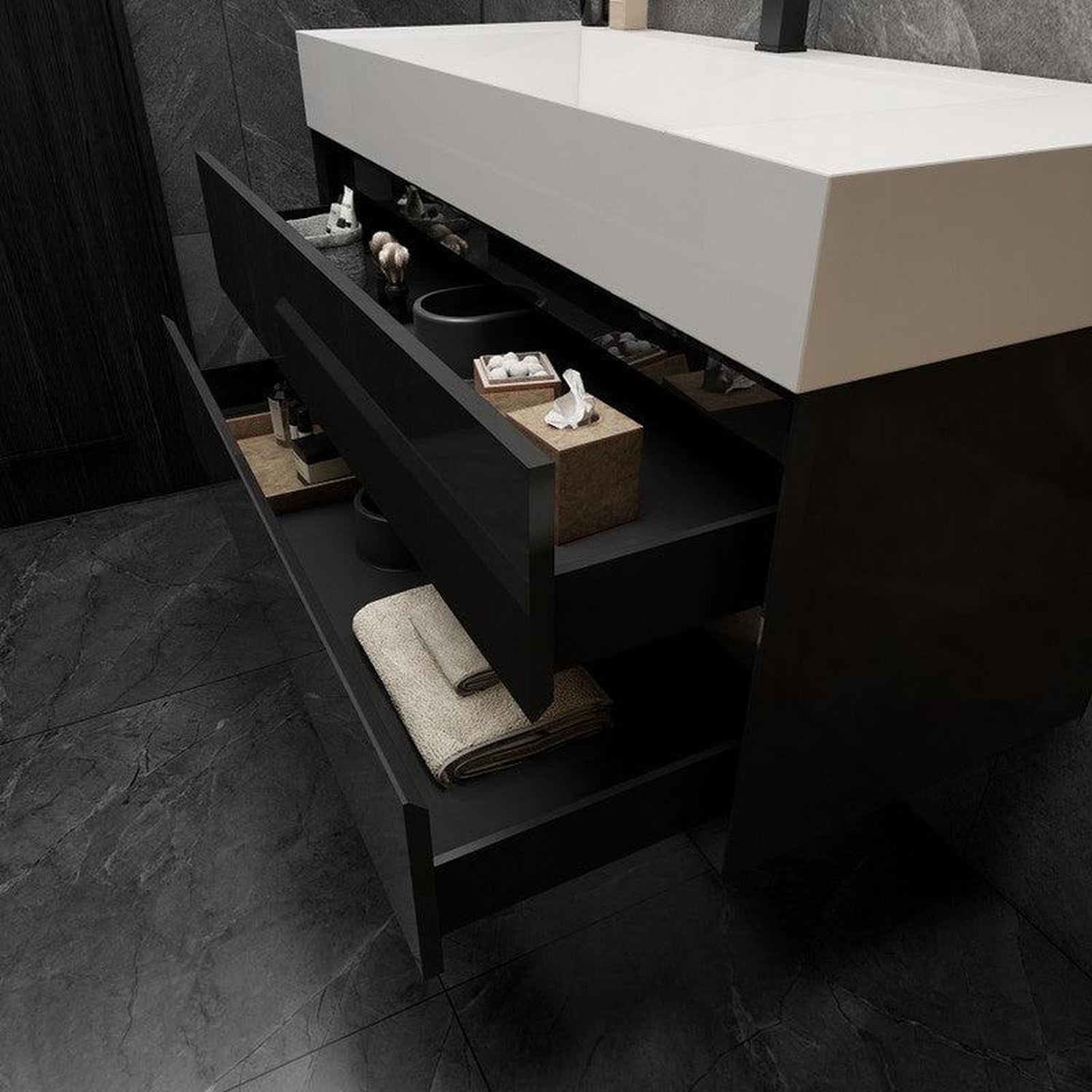 Prime 48&quot; Gloss Black Wall-Mounted Vanity With Single Reinforced White Acrylic Sink