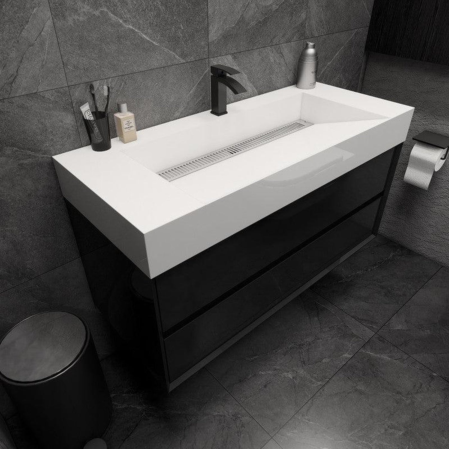 Prime 48&quot; Gloss Black Wall-Mounted Vanity With Single Reinforced White Acrylic Sink