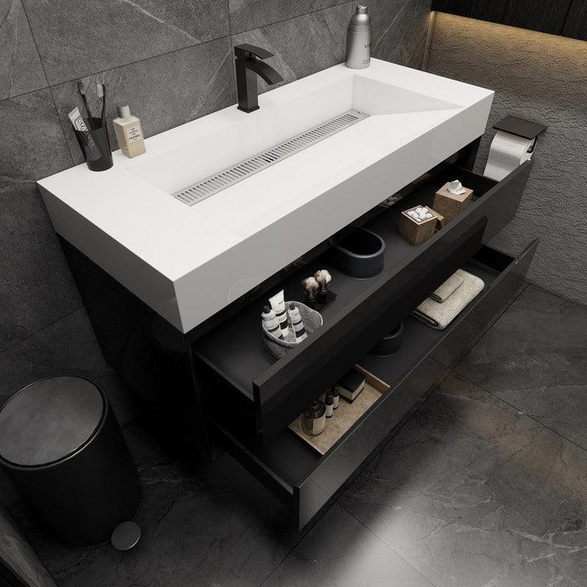 Prime 48&quot; Gloss Black Wall-Mounted Vanity With Single Reinforced White Acrylic Sink