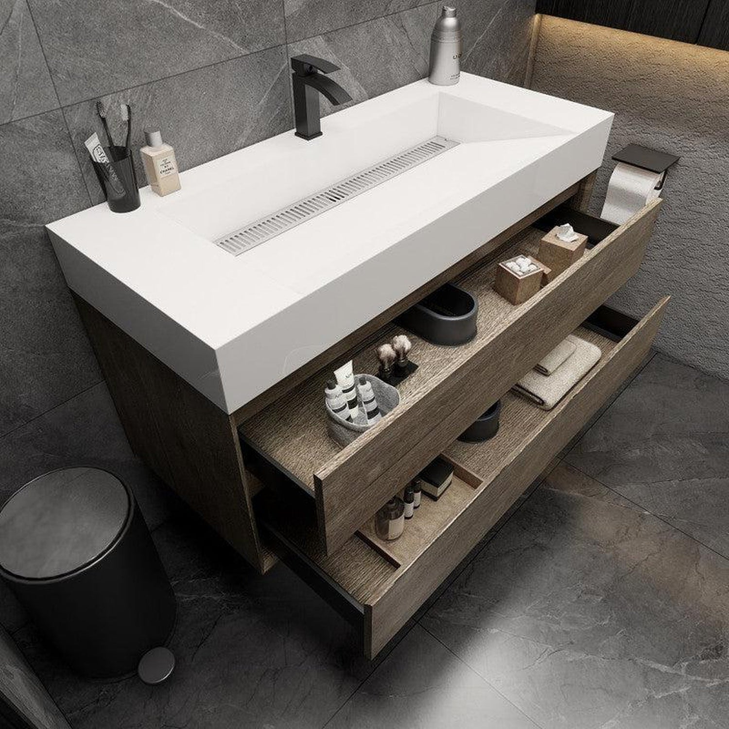 Prime 48&quot; Gray Oak Wall-Mounted Vanity With Single Reinforced White Acrylic Sink