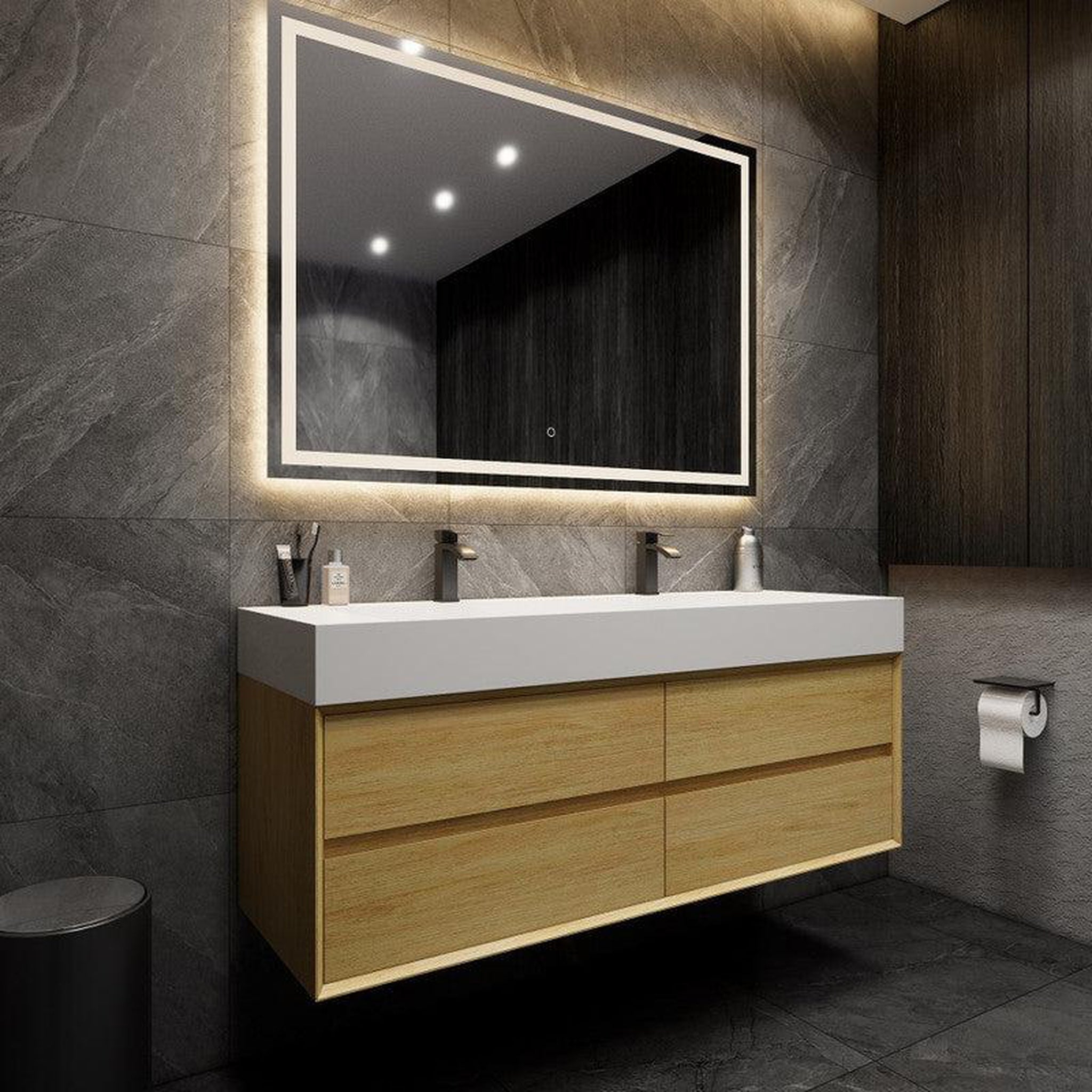 Prime 60&quot; Coffee Wood Wall-Mounted Vanity With Double Faucet Holes and Reinforced White Acrylic Sink