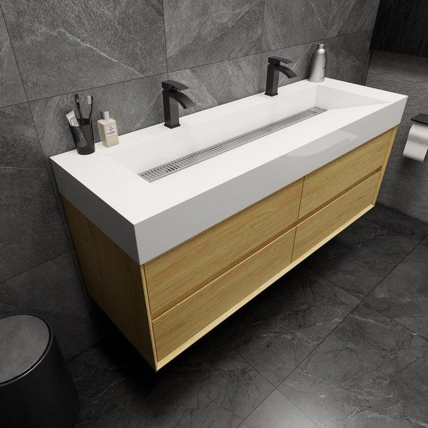 Prime 60&quot; Coffee Wood Wall-Mounted Vanity With Double Faucet Holes and Reinforced White Acrylic Sink