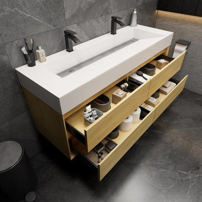 Prime 60&quot; Coffee Wood Wall-Mounted Vanity With Double Faucet Holes and Reinforced White Acrylic Sink