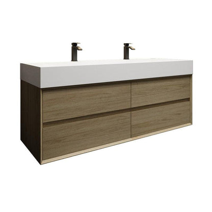 Prime 60&quot; Coffee Wood Wall-Mounted Vanity With Double Faucet Holes and Reinforced White Acrylic Sink